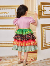 Kids Nujoom Young Girl's Round Neck Bubble Sleeve Ethic Style Printed Layered Ruffle Patchwork Dress